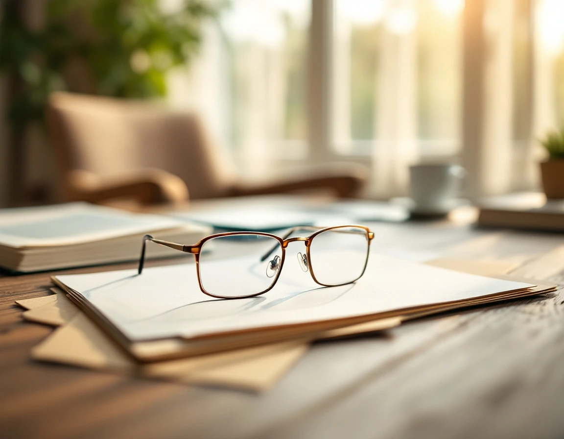 Reading glasses resting on blank documents at a home office desk with warm natural lighting