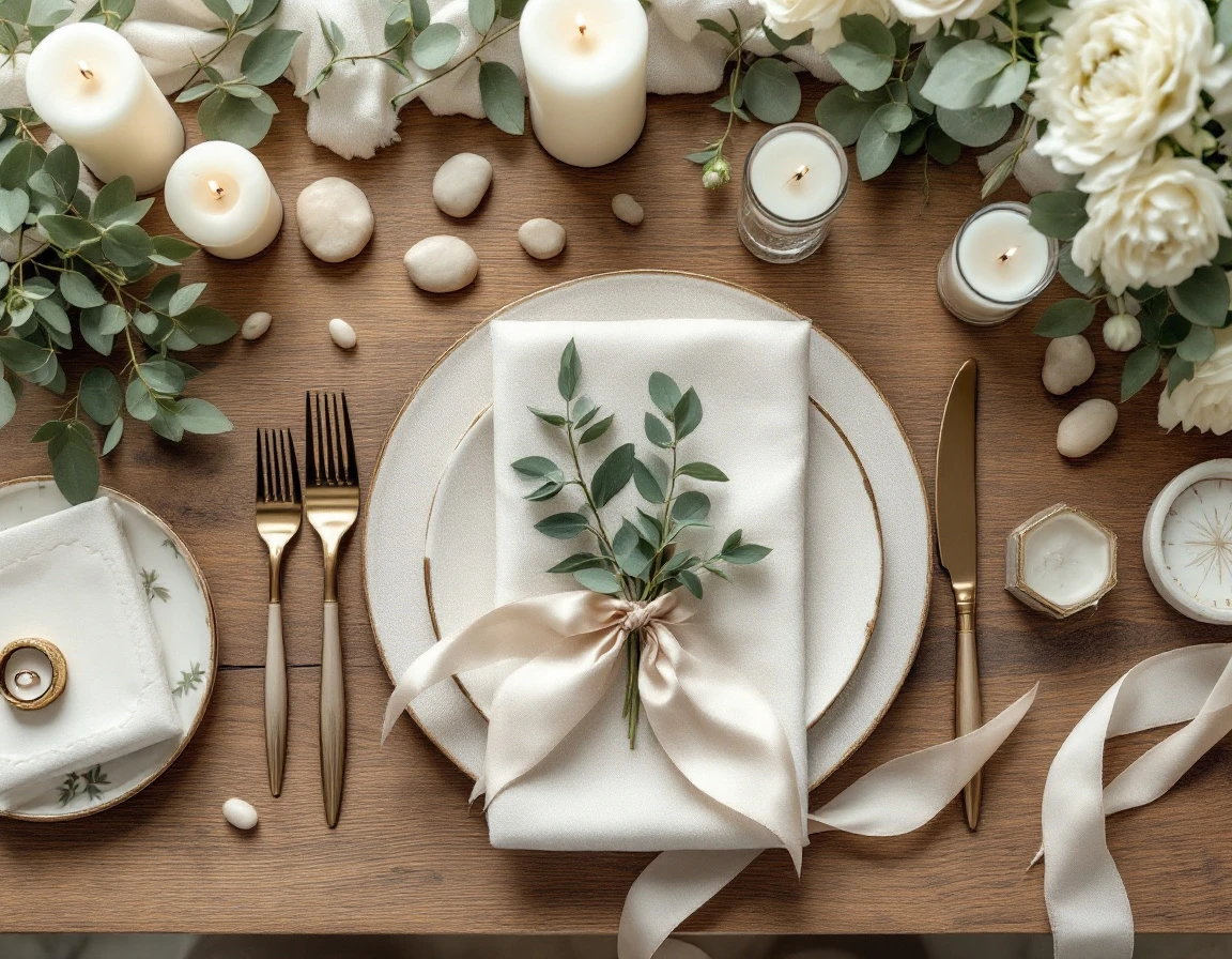 Overhead wedding planning workspace with eucalyptus, candles, linen, and botanical decorative elements on wood surface