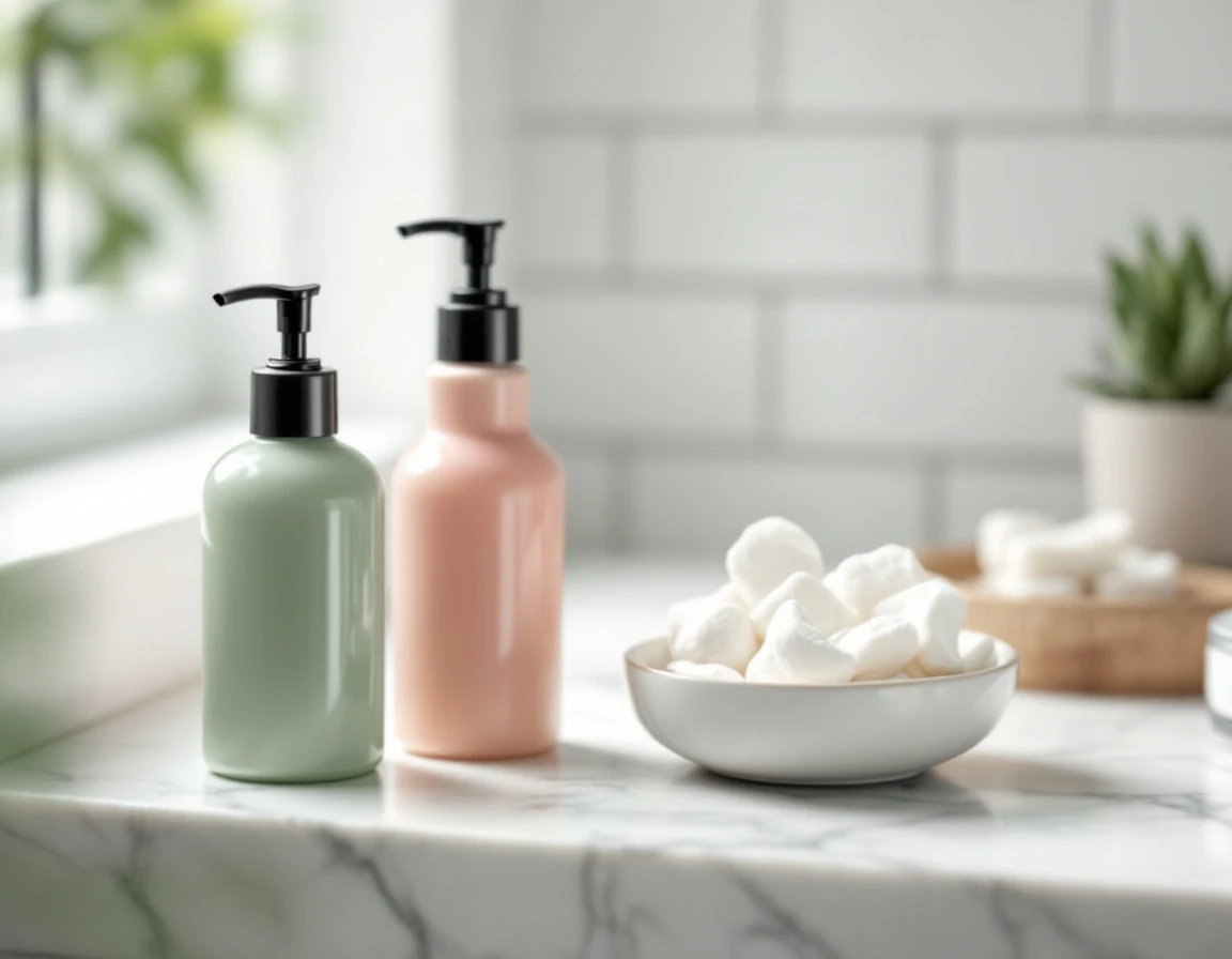 Nail care products arranged on marble countertop with natural window lighting and soft focus background