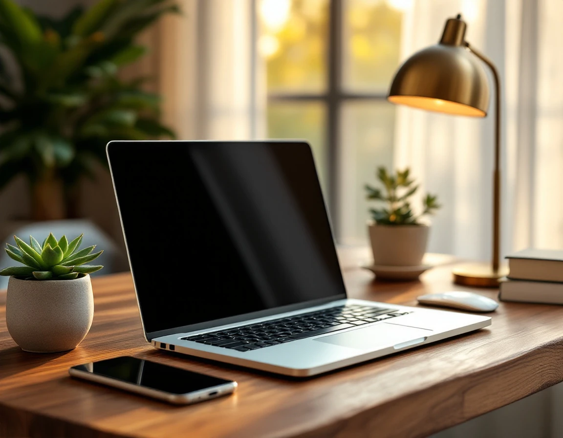 Minimalist wooden desk with closed laptop and succulent in warm natural light