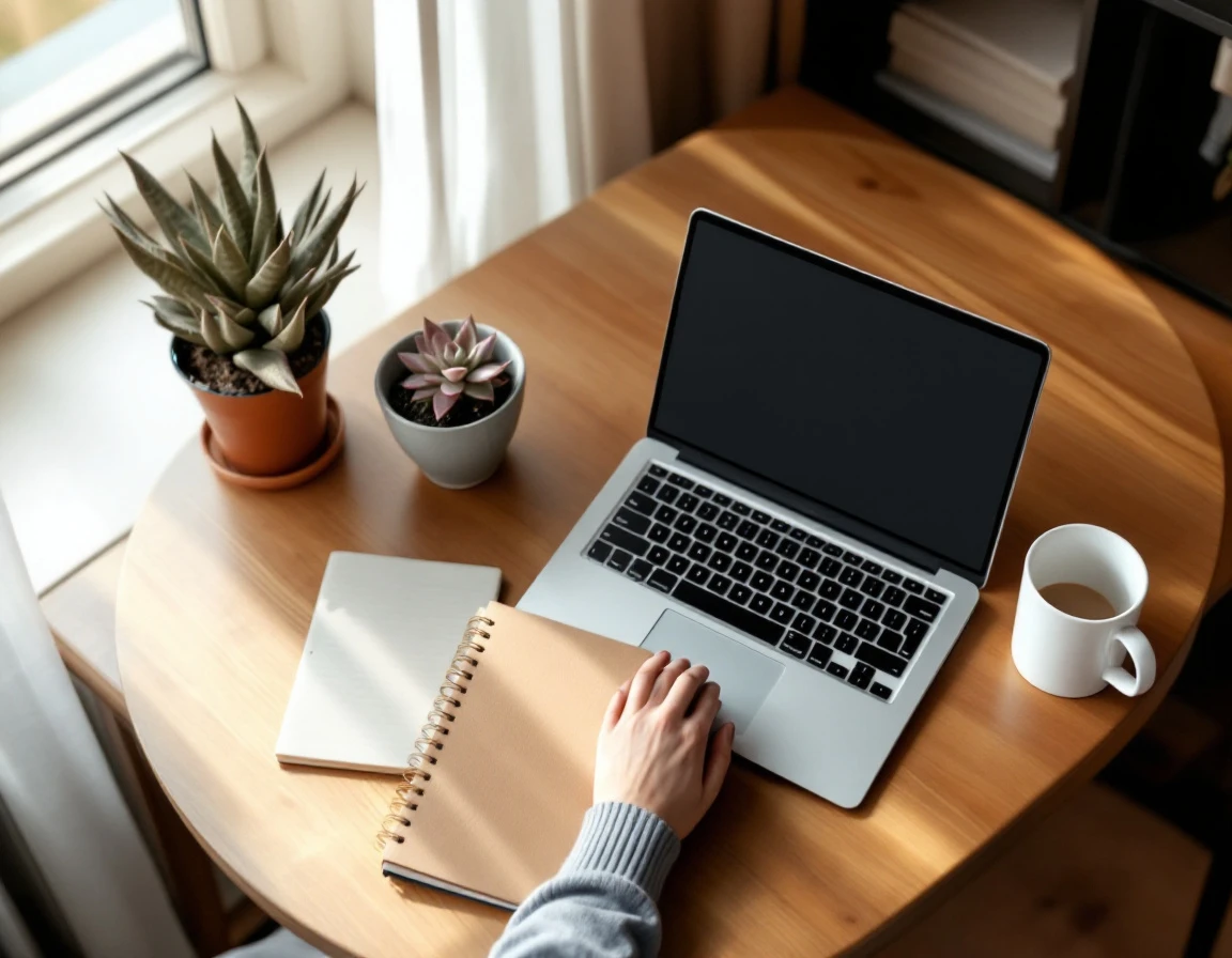 Organized home office workspace with laptop, coffee, and closed notebook on wooden desk