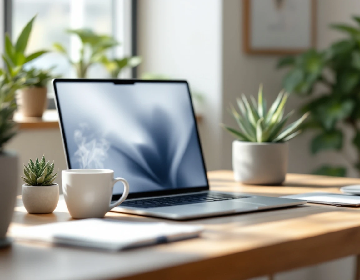 Minimalist laptop workspace with blurred screen and coffee, suggesting focused SEO research environment