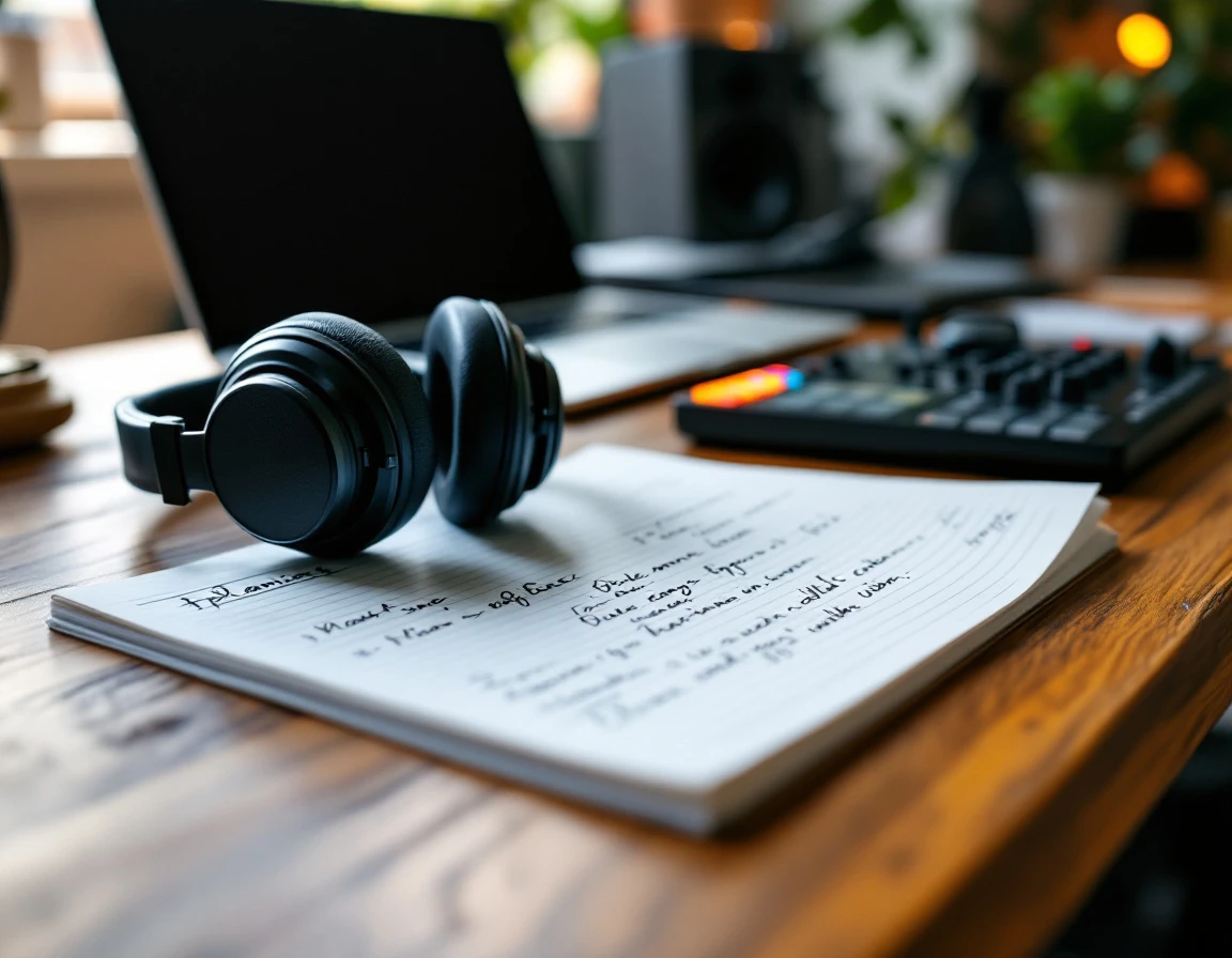 Professional DJ headphones and planning notebook on wooden desk with music production equipment in background