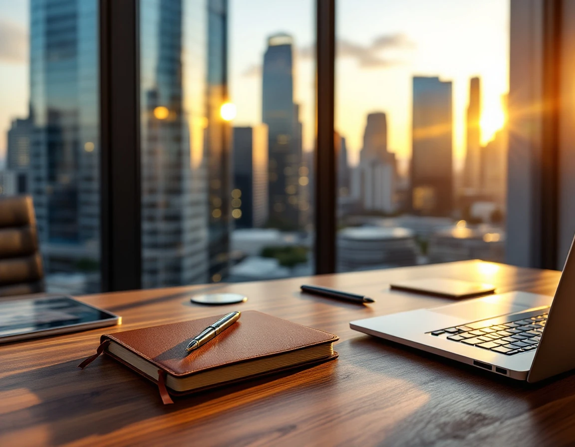 Executive desk with financial planning materials overlooking technology district office towers