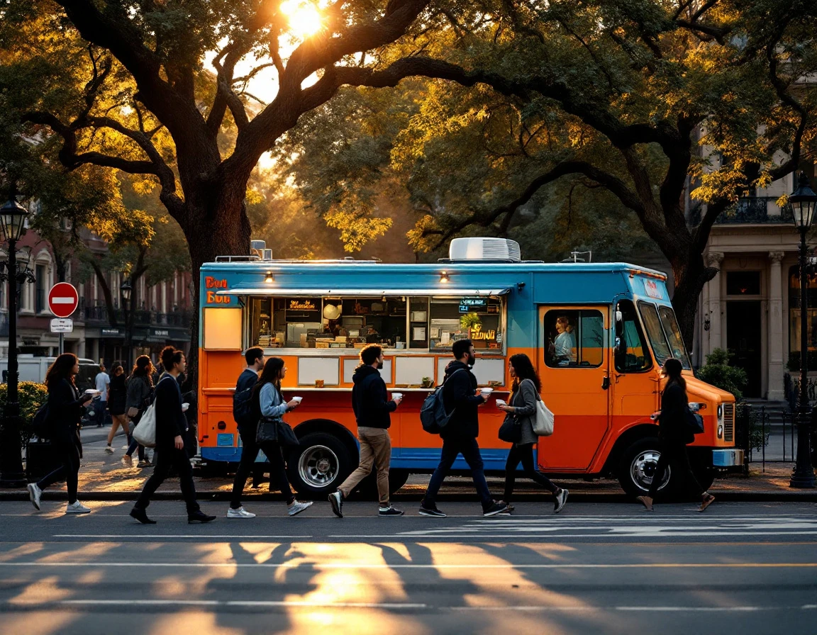 Colorful food truck parked on urban street corner with pedestrians during golden hour lighting
