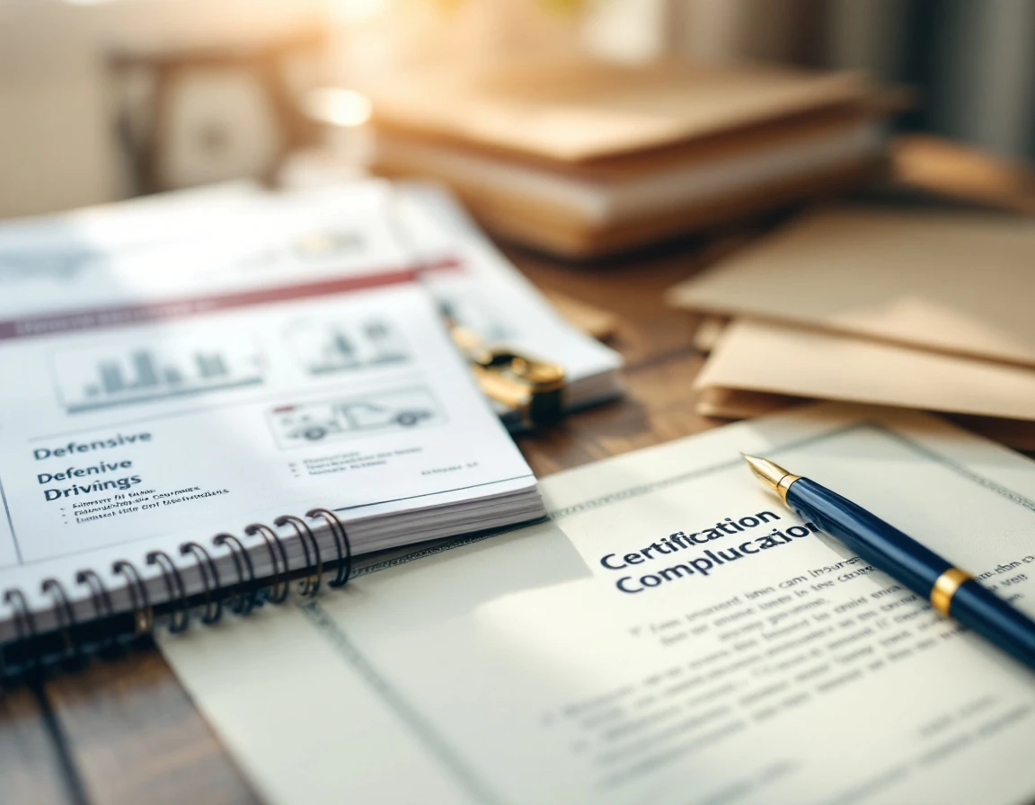 Driver education materials and insurance documents arranged on wooden desk with certificate
