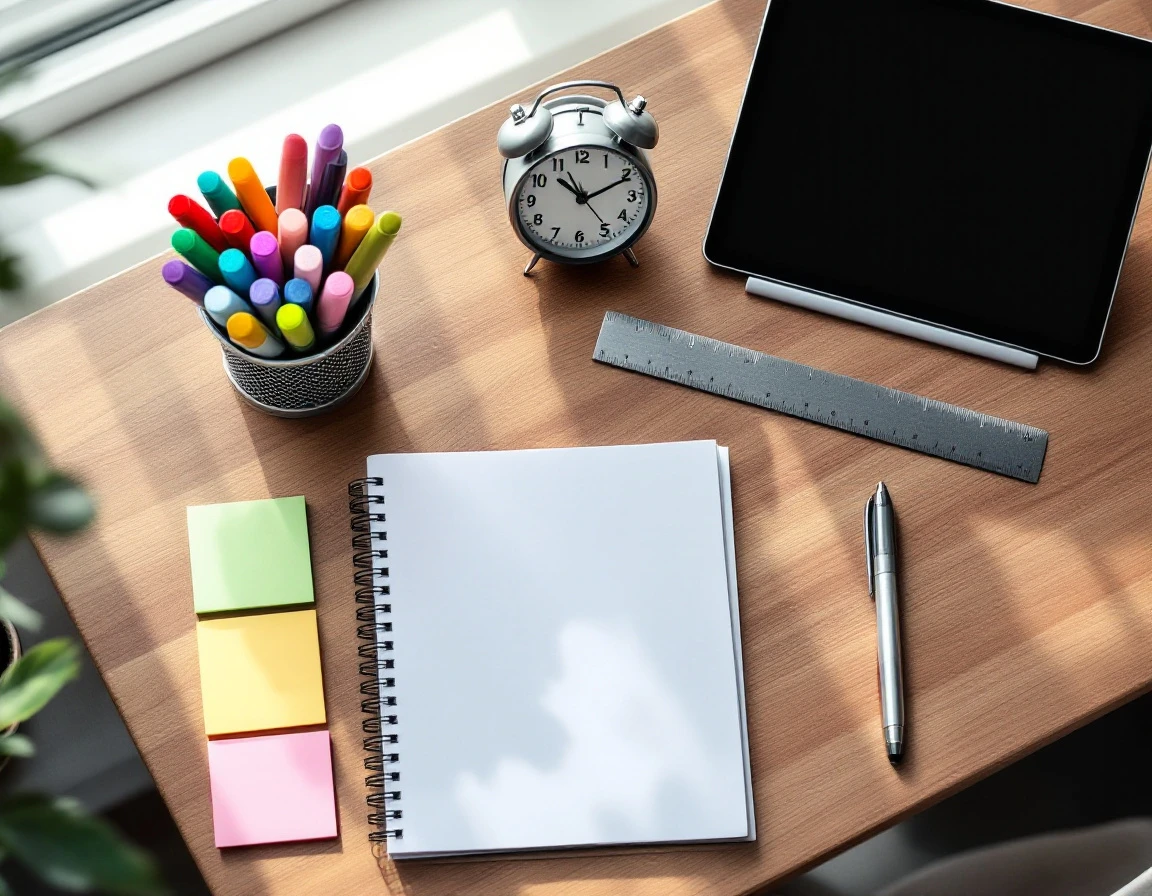 Organized desk with planning materials, markers, clock, and blank notebook for content frequency analysis