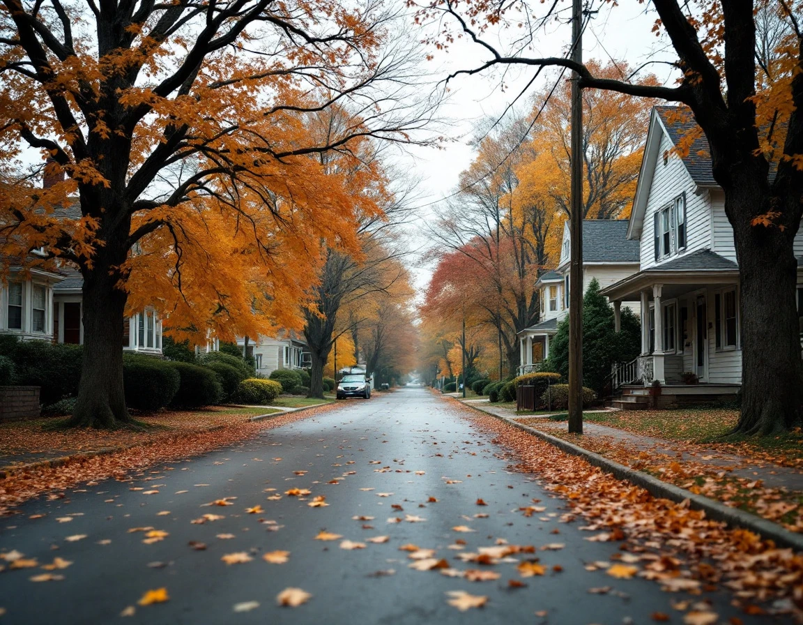 Tree-lined residential street in autumn showing established neighborhood character and community stability