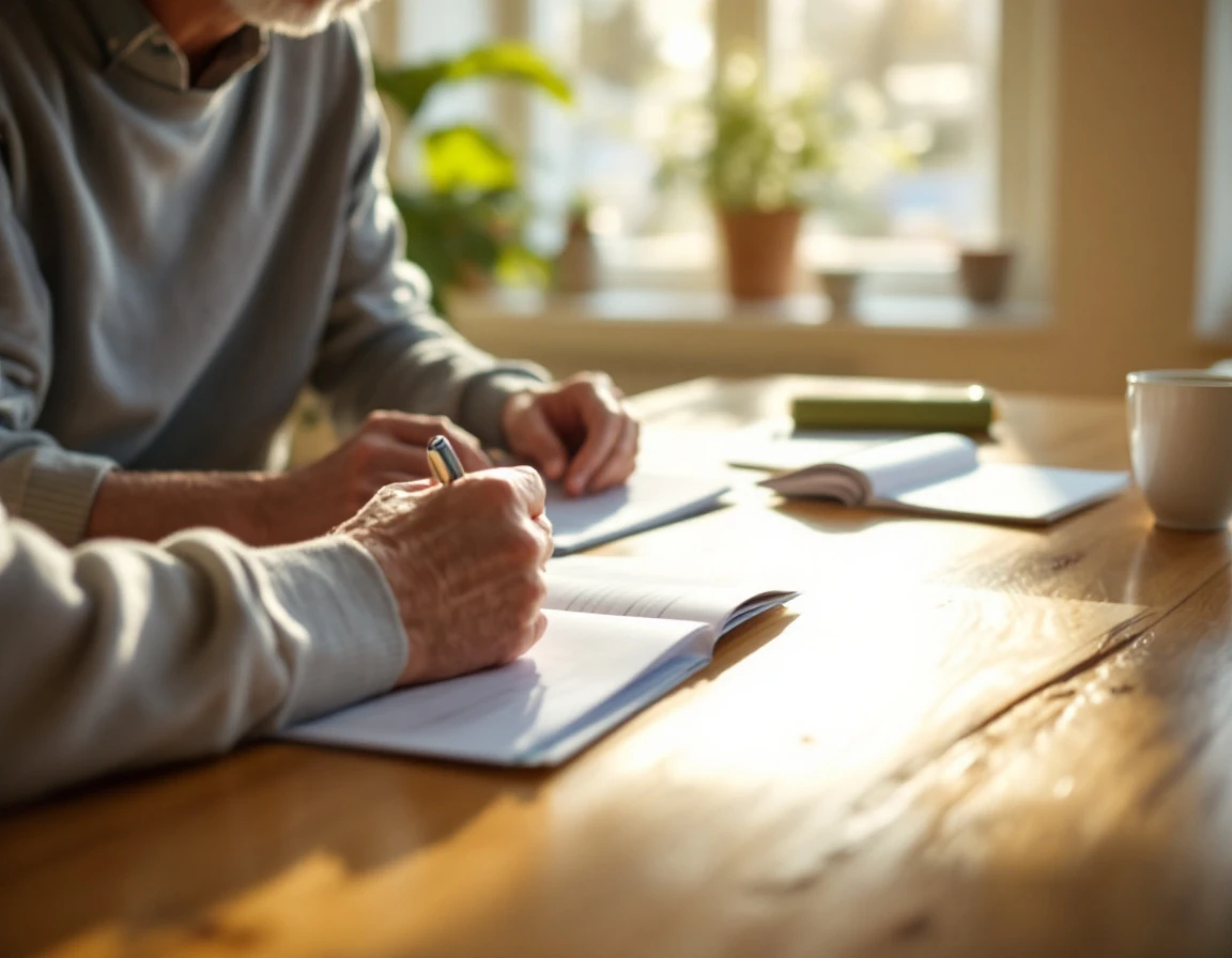 Hands reviewing assisted living information at home dining table with morning sunlight