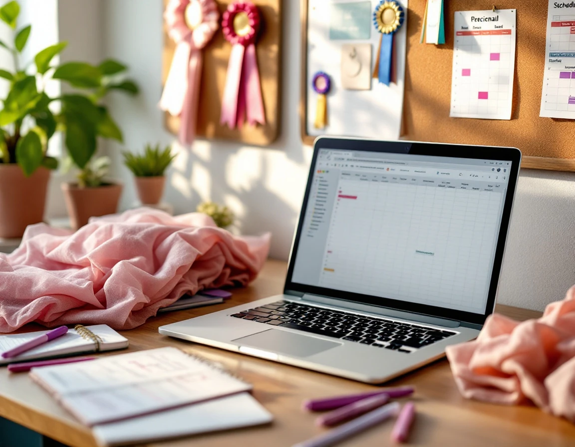 Dance instructor workspace with laptop, planner, and costume materials during spring enrollment season