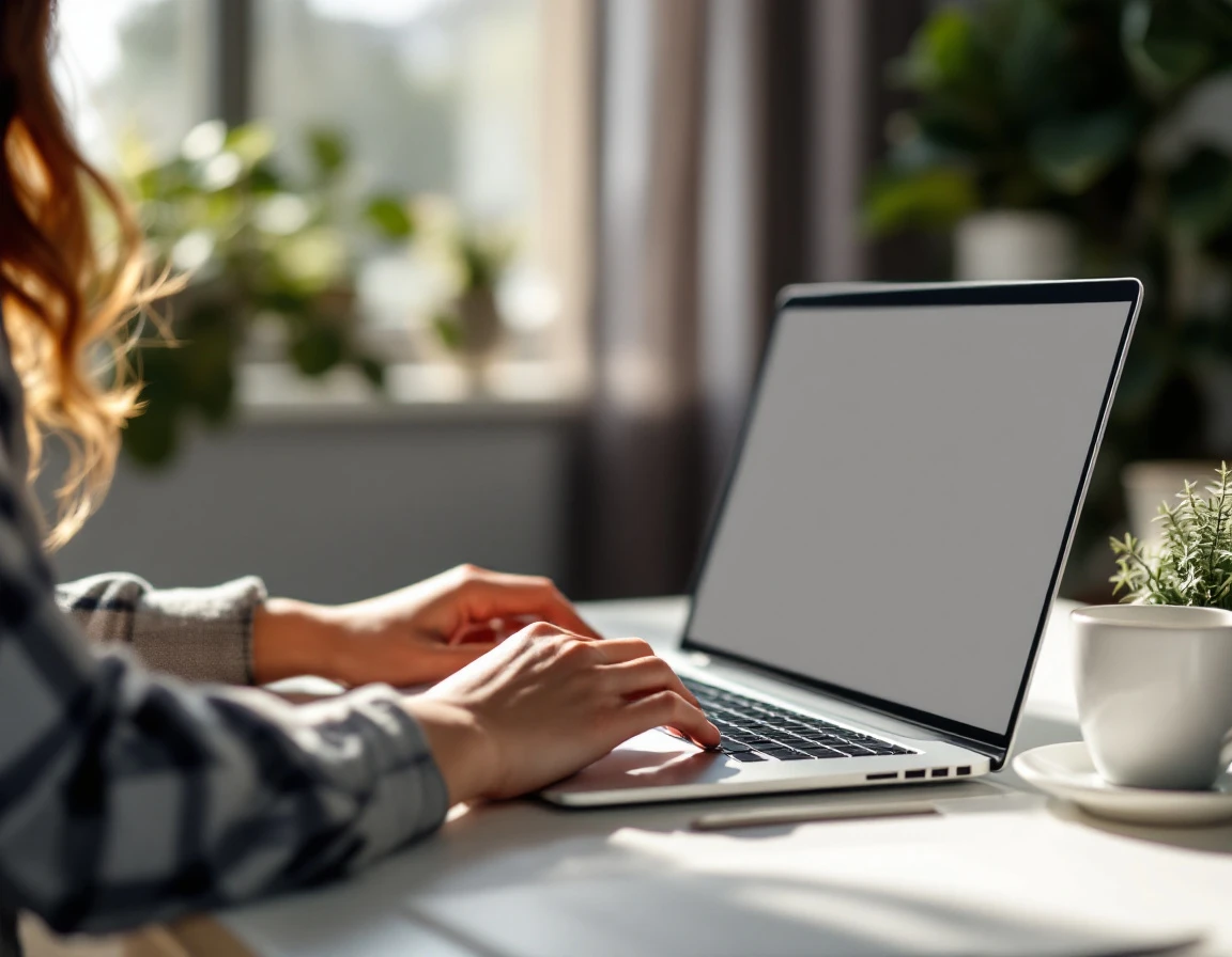 Professional workspace showing laptop and coffee on desk with natural window lighting in modern home office