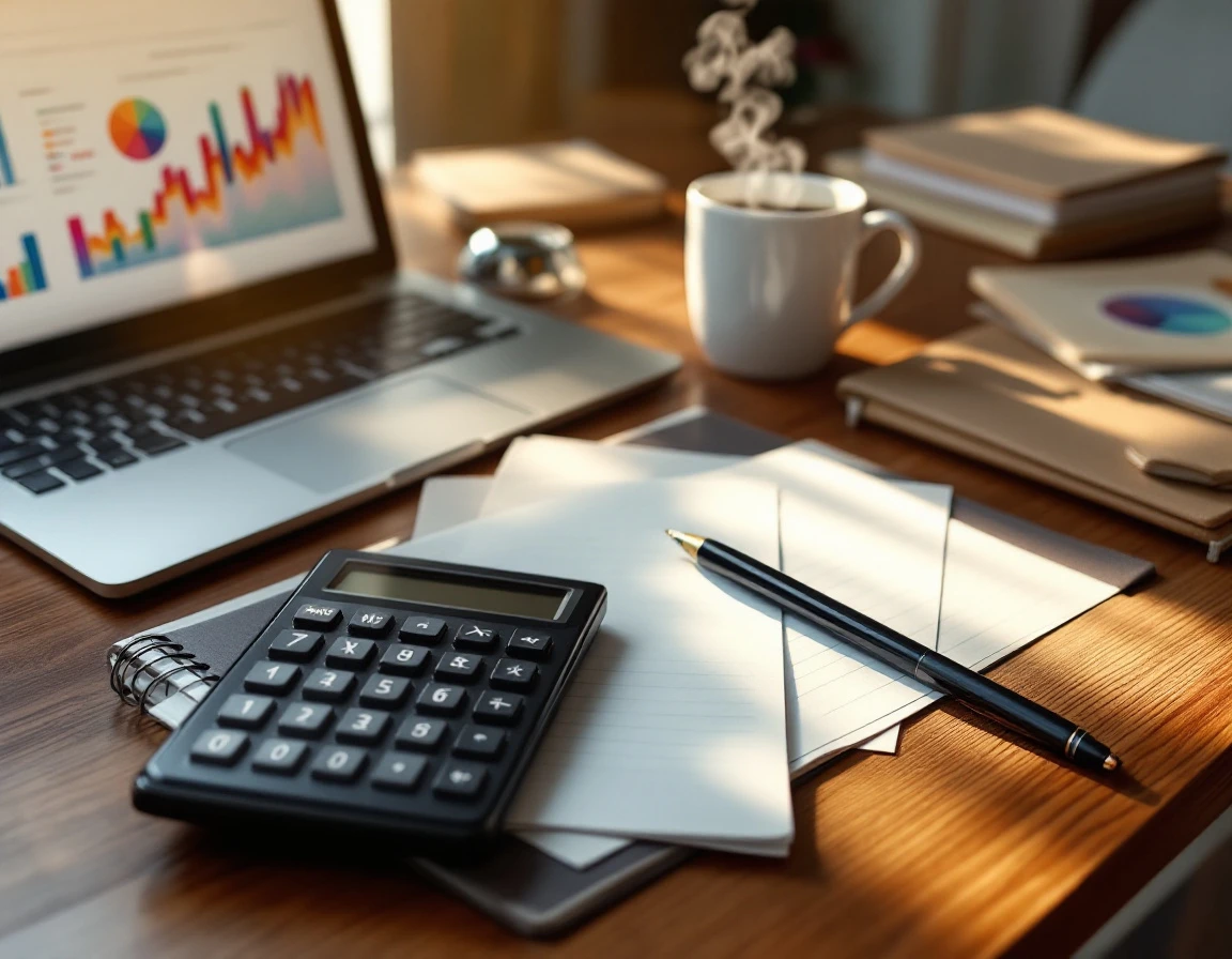 Professional accounting workspace with laptop, calculator, and planning materials during tax season