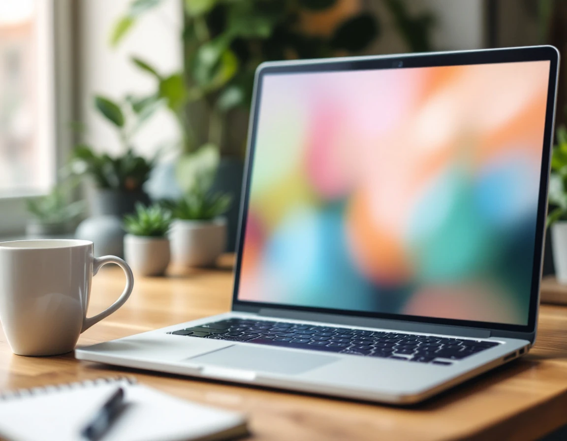 Laptop on desk with blurred screen display showing abstract colors, coffee mug and plants in soft natural light