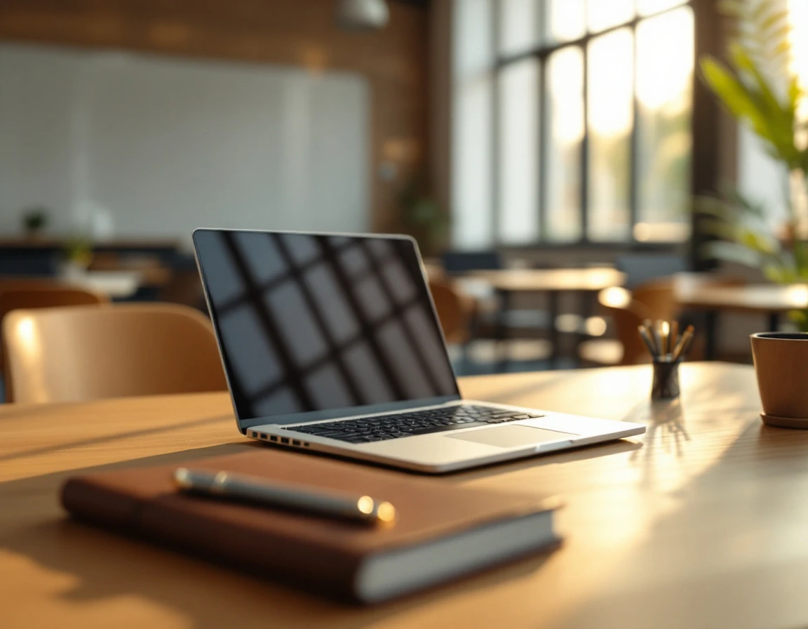 Laptop workspace with traditional learning materials in language school environment blending online and classroom settings