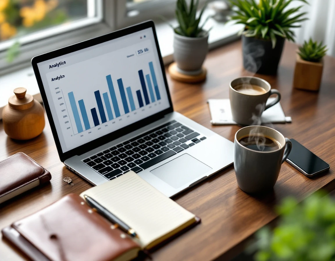 Overhead view of laptop displaying analytics dashboard alongside notebook and coffee on wooden desk