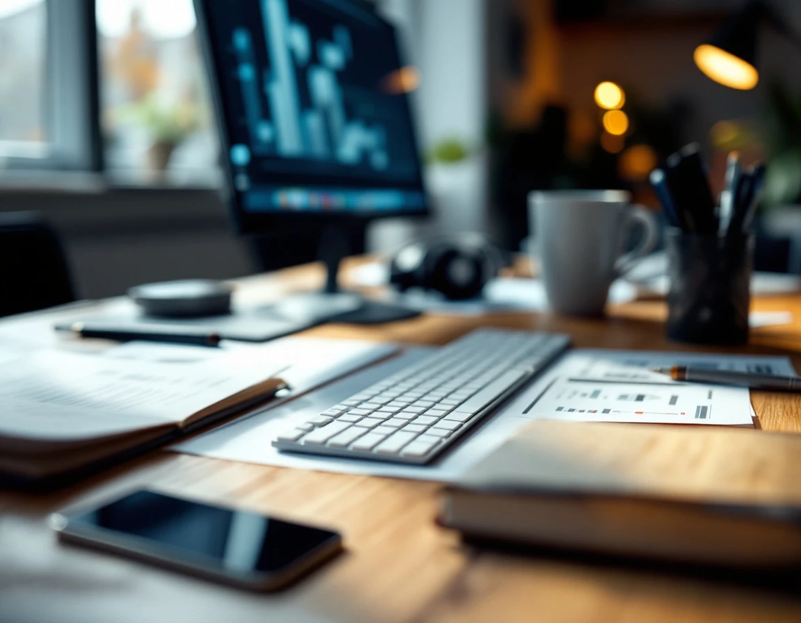 Modern mortgage analyst workspace with desk, keyboard, and coffee mug in natural office lighting