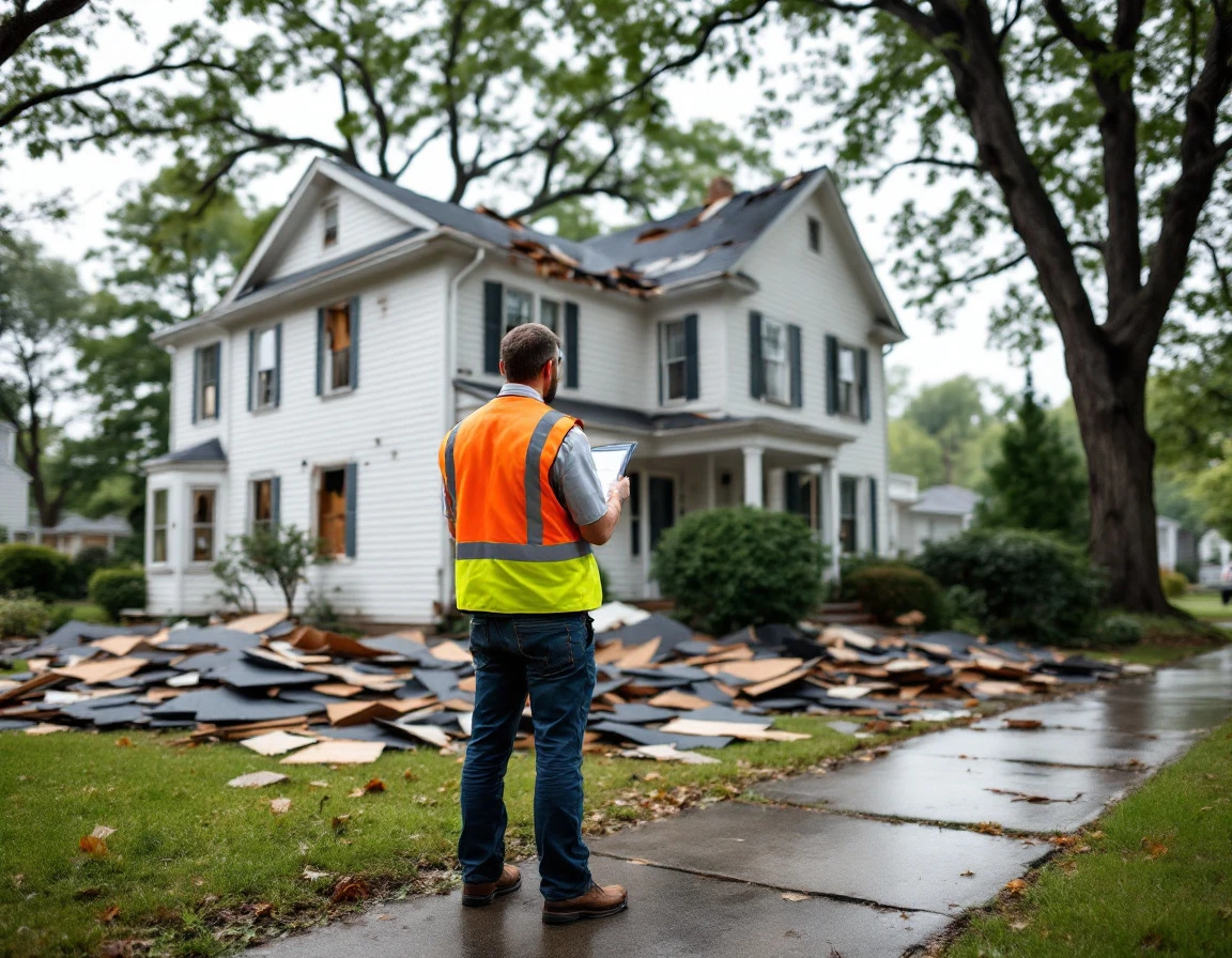 Home inspector documenting storm damage on residential property from street-level perspective