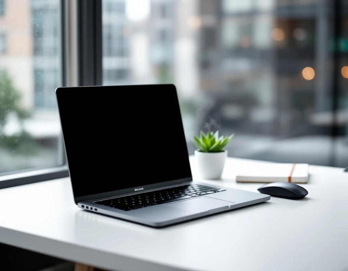 Minimalist desk workspace with laptop and coffee in natural window light