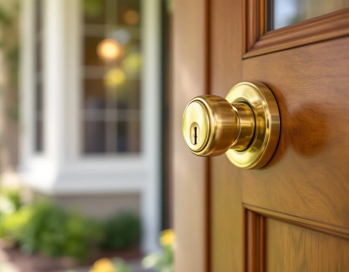 Deadbolt lock and brass hardware on residential entry door showing professional installation quality