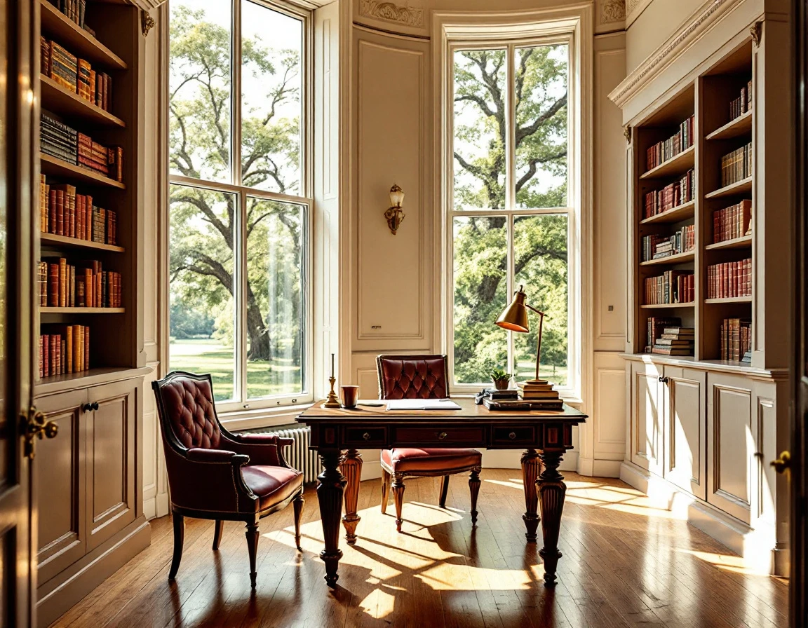 Boutique hotel study with vintage writing desk and leather armchair bathed in afternoon window light