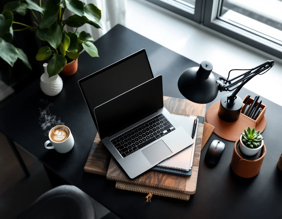 Minimalist desk workspace with closed laptop, coffee, and organized accessories photographed from above