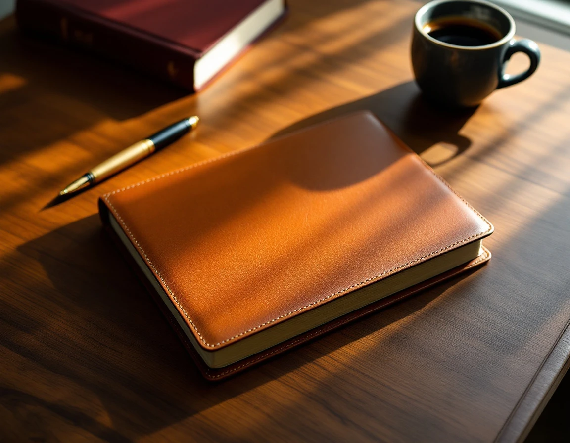 Organized professional desk with leather journal, fountain pen, and coffee cup in natural morning light