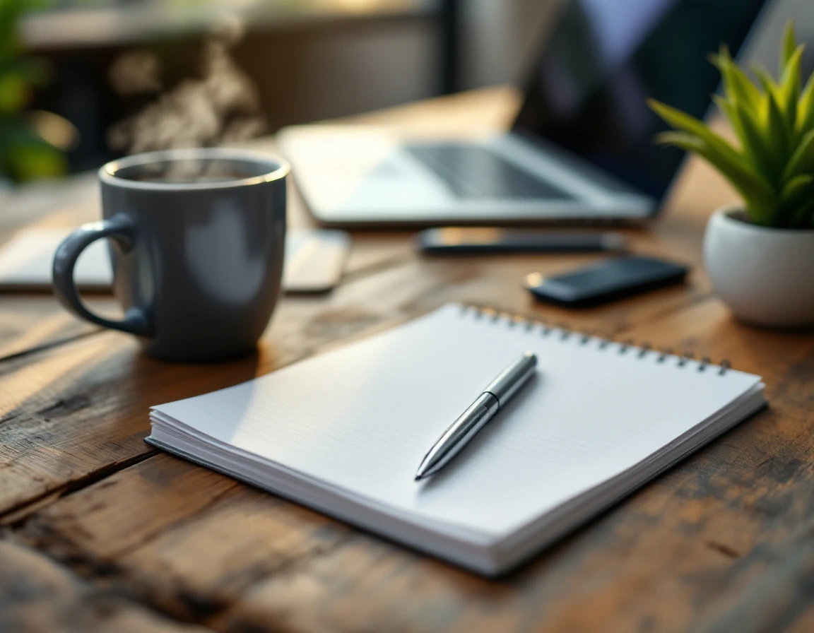 Professional workspace with notepad, pen, and coffee arranged for real estate market analysis planning