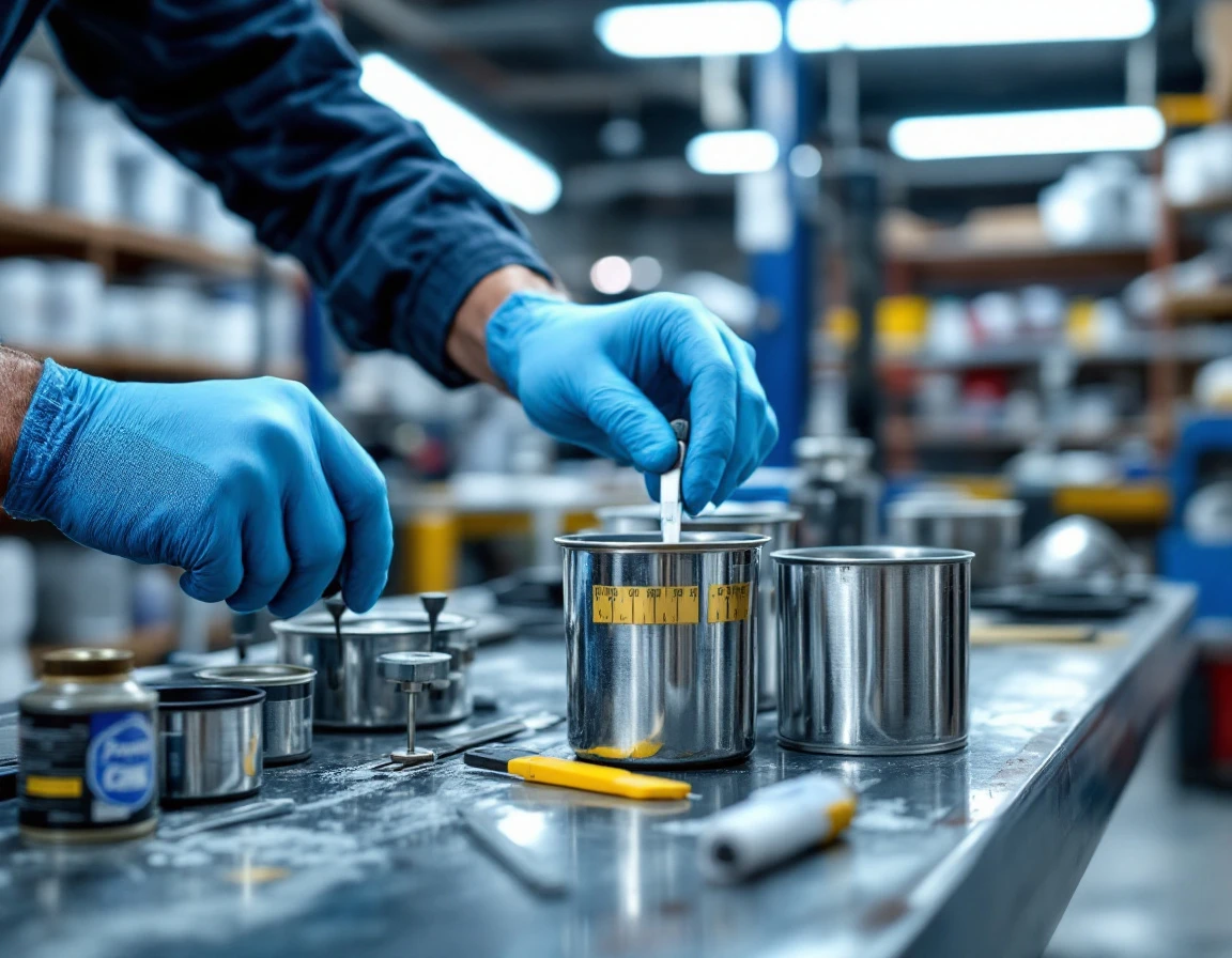 Automotive paint mixing equipment and precision measurement tools on collision shop workbench