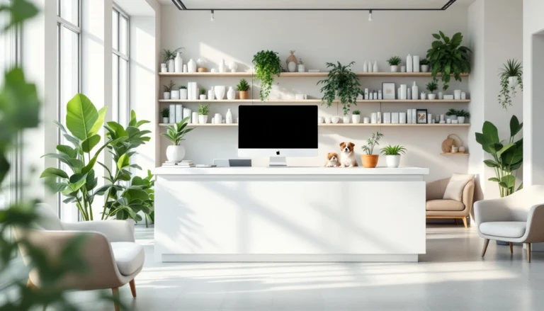 Modern veterinary clinic reception with organized supplies and welcoming seating area