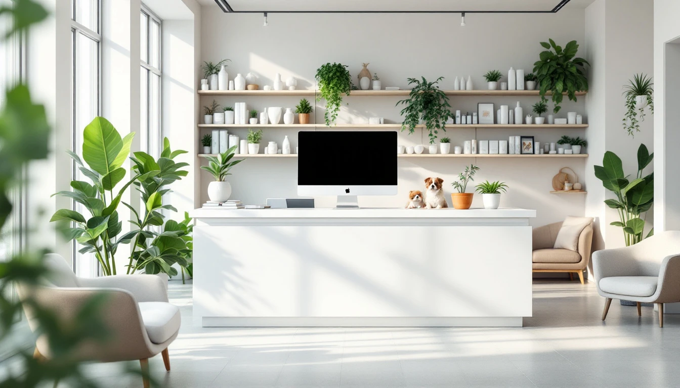 Modern veterinary clinic reception with organized supplies and welcoming seating area