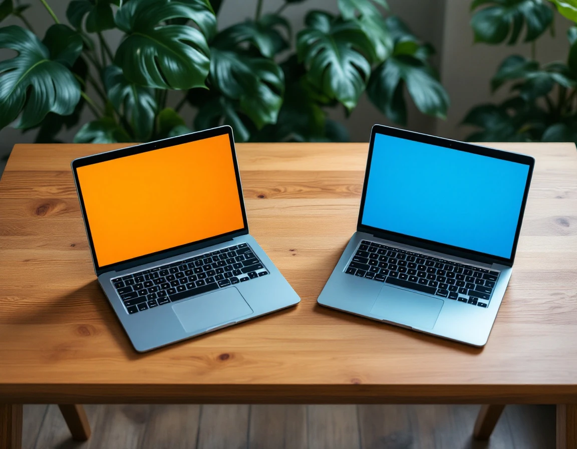 Two laptops on wooden desk with contrasting warm and cool screen tones, plants in soft focus background