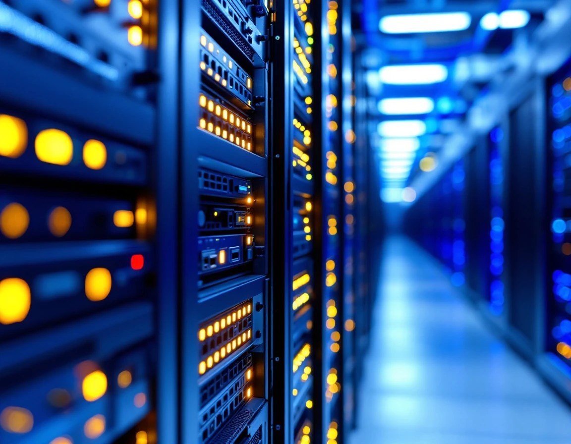 Server rack with organized network cables and LED status indicators in modern data center