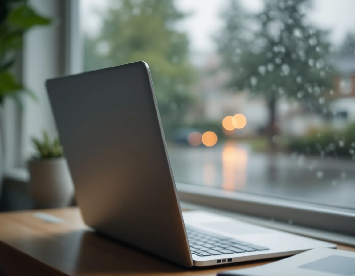 Laptop on wooden desk with rainy Pacific Northwest window view, natural daylight streaming through rain-speckled glass