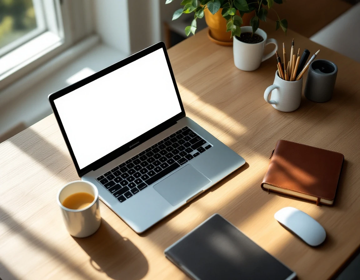 Professional workspace with laptop, coffee, and notebook arranged on wooden desk for content audit work