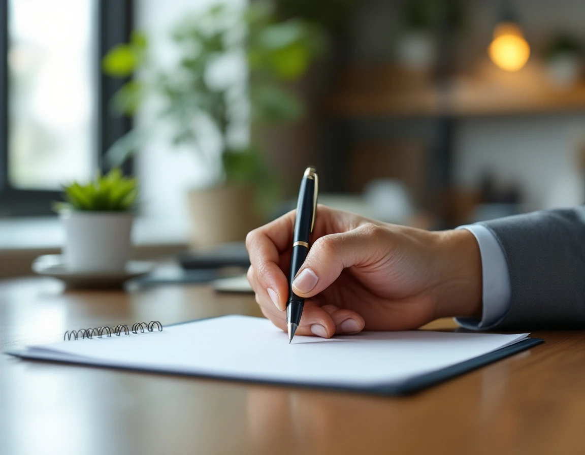 Professional hand with pen reviewing blank document on office desk during compliance approval process