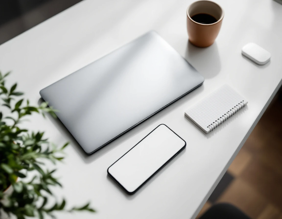 Minimalist desk workspace with closed laptop, blank notepad, and coffee mug under natural window light