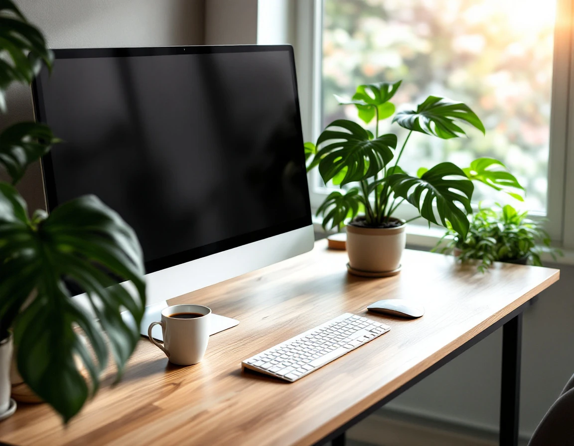 Minimalist workspace with dark monitor screen, keyboard, coffee mug, and monstera plant by window with natural light