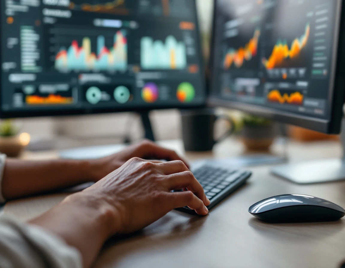 Digital analyst workspace with hands typing at keyboard, monitors displaying blurred analytics in natural window light