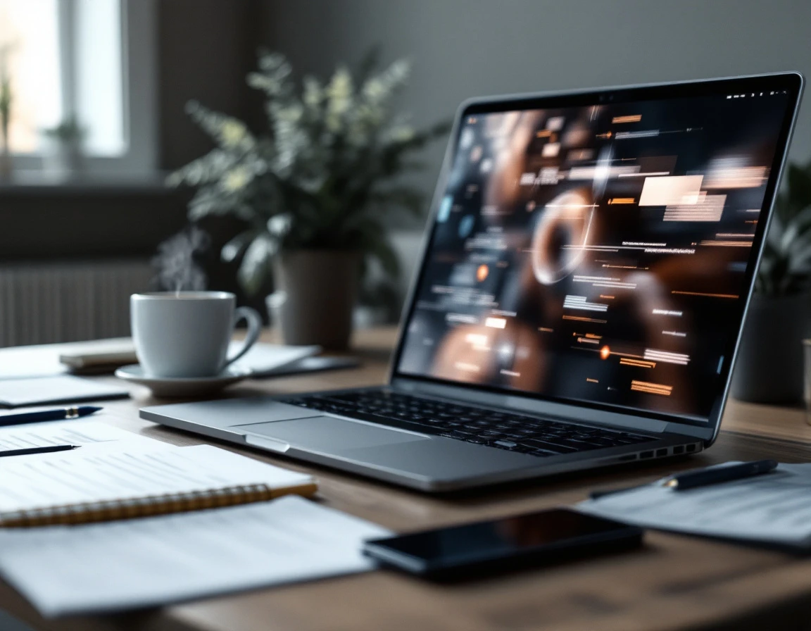 Professional workspace with laptop displaying blurred analytics visualization and coffee cup on wooden desk