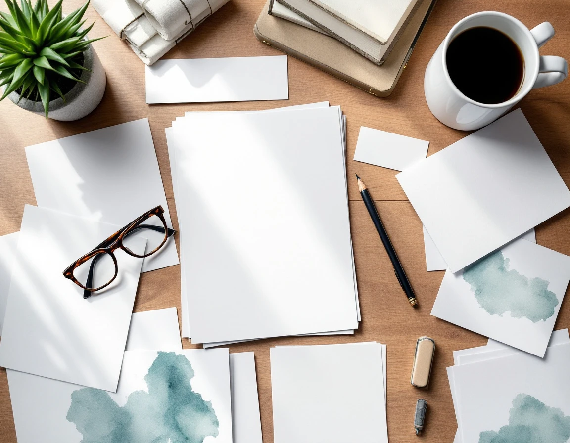 Overhead view of organized workspace with coffee, glasses, blank papers, and succulent plant on wooden desk