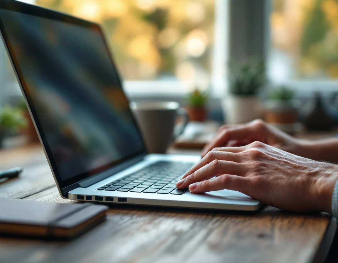 Close-up of hands typing on laptop keyboard in natural office lighting with workspace tools in soft focus background