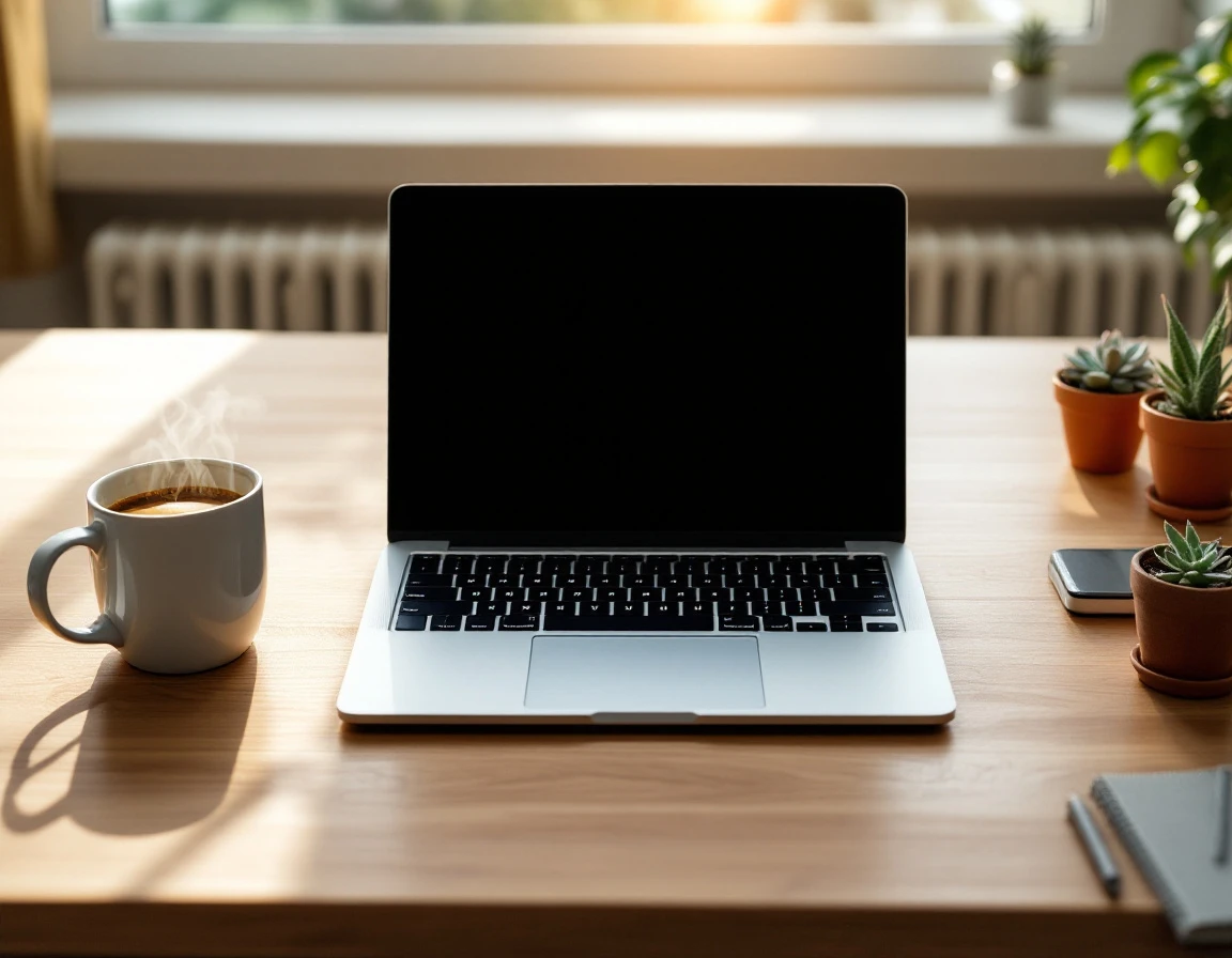 Minimalist workspace with laptop, coffee, and plants on wooden desk with natural window lighting