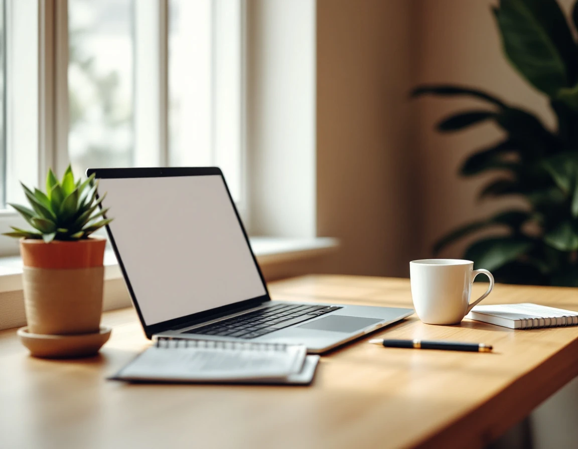 Organized workspace with laptop, coffee, and planning materials for digital content strategy