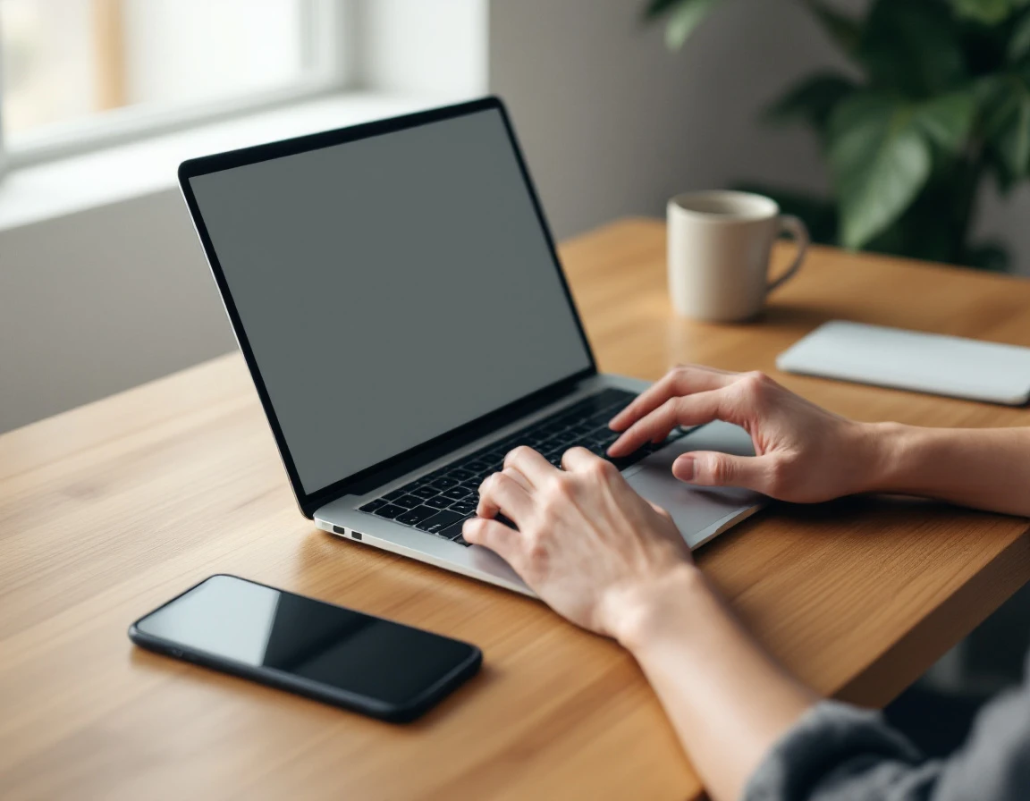 Hands typing on laptop at wooden desk with smartphone nearby in natural window light
