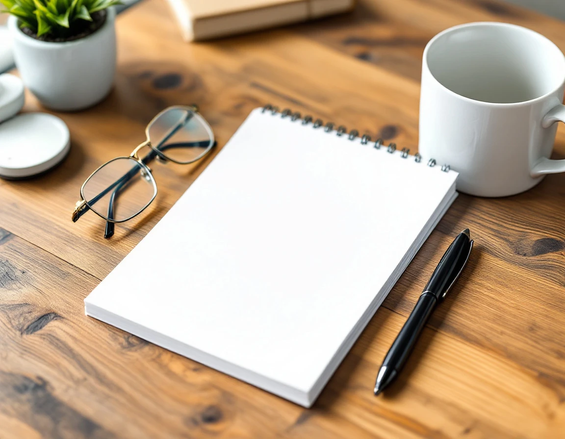 Organized desk workspace with blank notepad, pen, reading glasses, and coffee cup for compliance content review