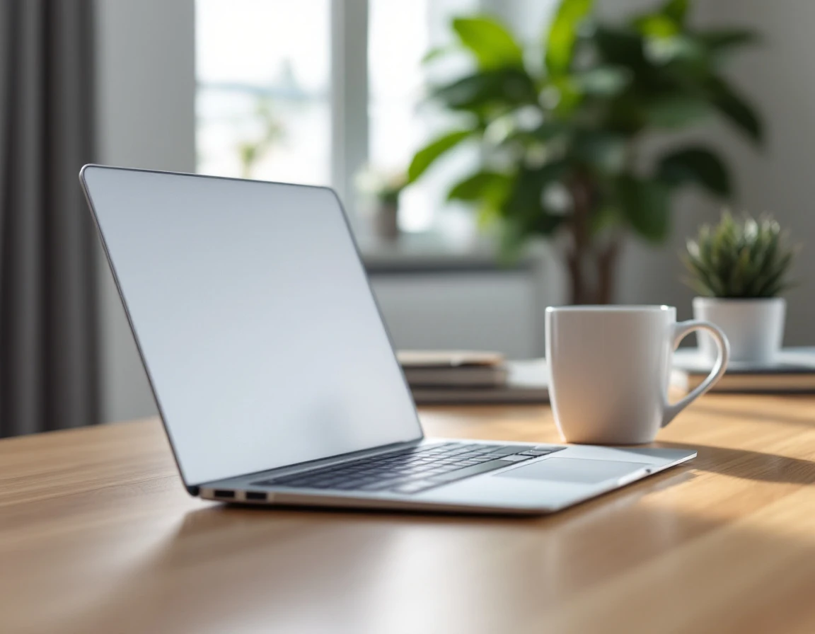 Minimalist workspace with closed laptop, coffee, and plant bathed in natural window light