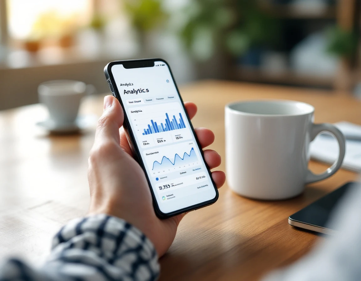 Hand holding smartphone with analytics dashboard next to coffee cup on wooden desk in home office setting