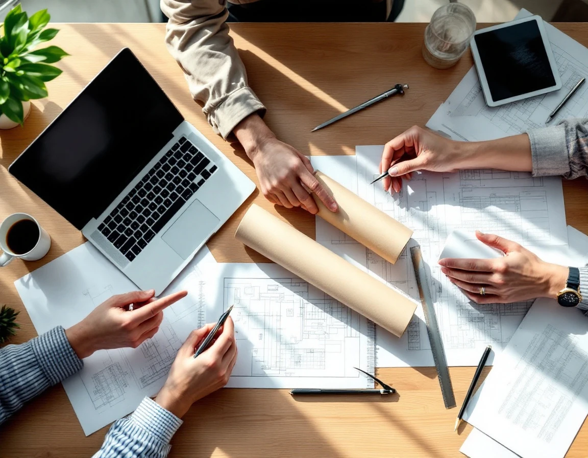 Overhead view of collaborative workspace with hands positioned around planning tools and closed laptop