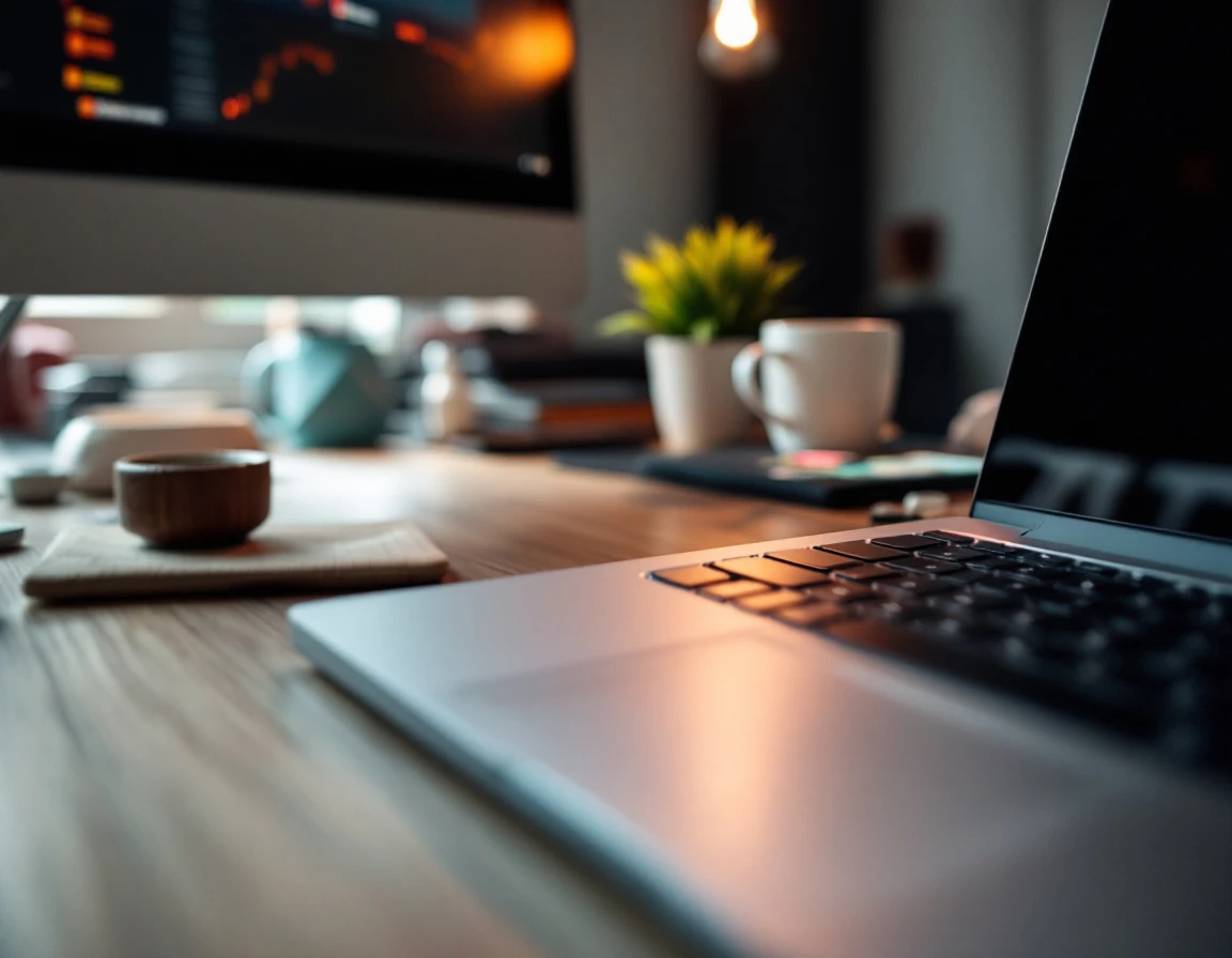 Modern laptop workspace with shallow depth of field showing keyboard in focus and blurred desk accessories