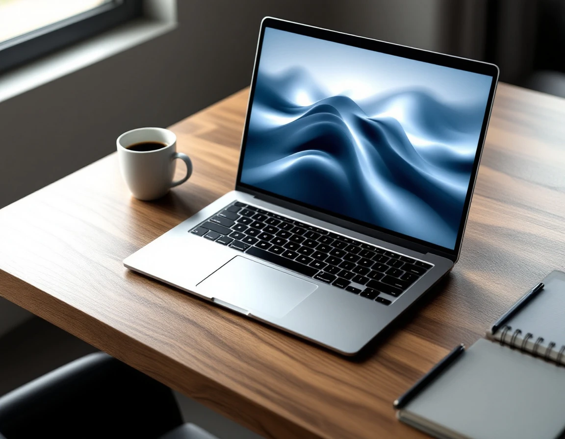 Modern laptop on desk with abstract analytics display in professional workspace setting